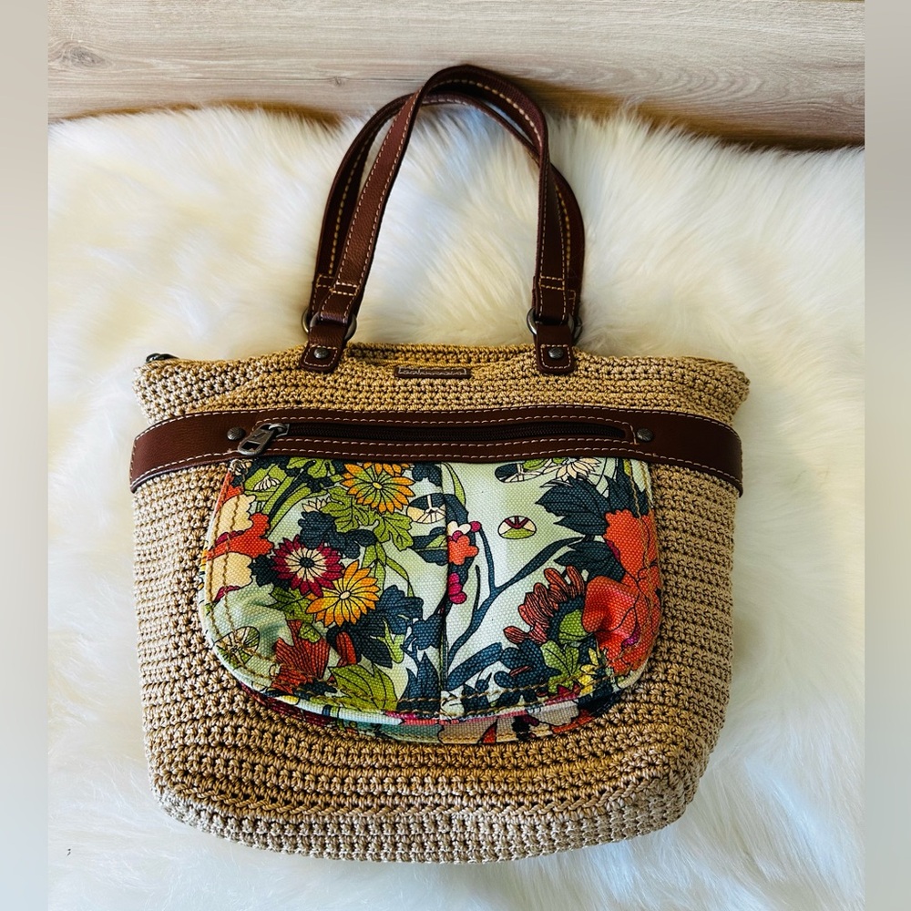 Sakroots Woven Tote with Brown Trim & Multicolor Floral Pocket
